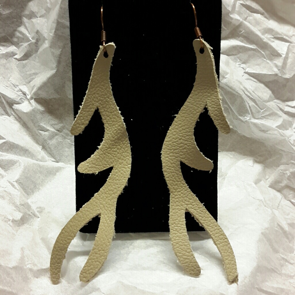 Leather Deer Antler Earrings - handmade